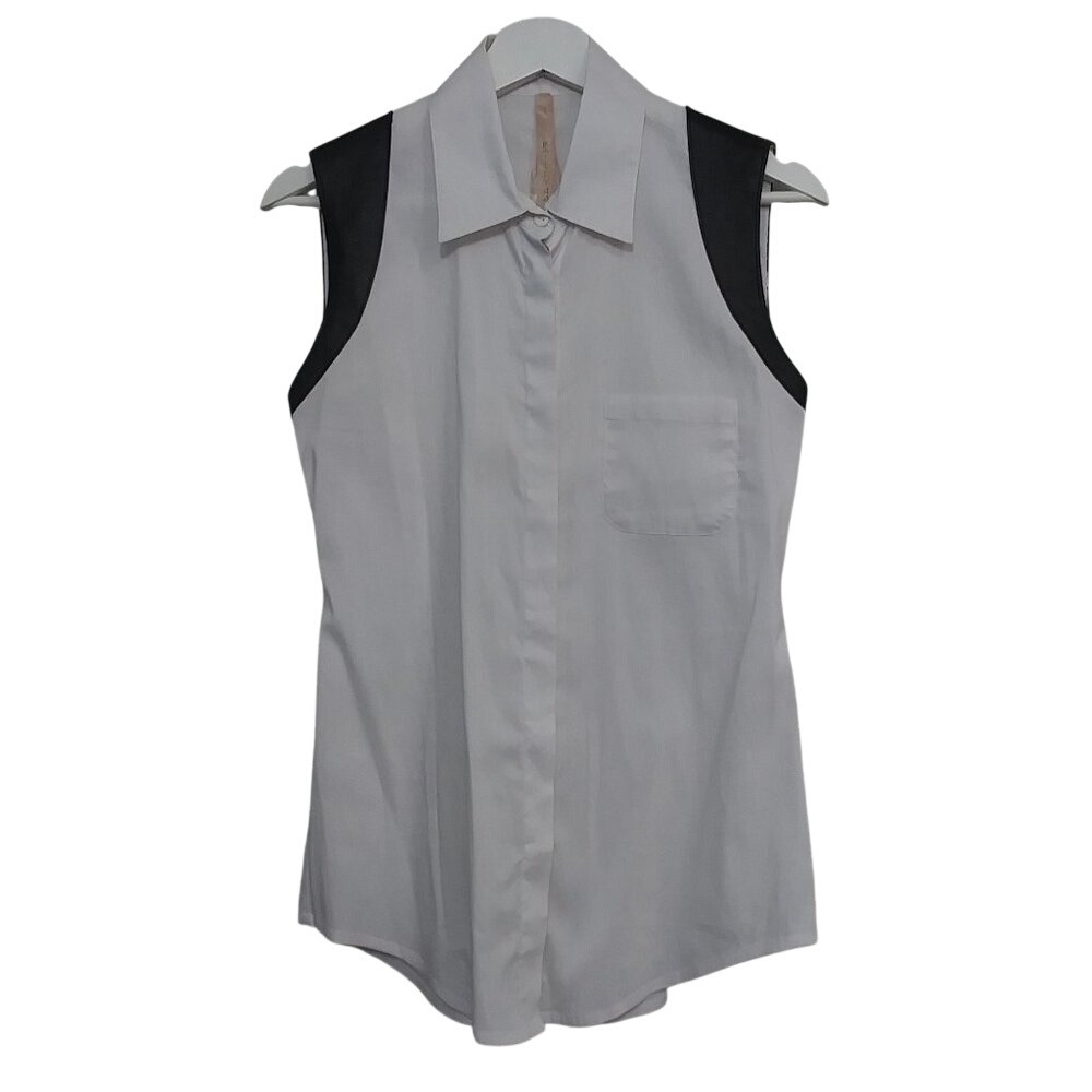 Bailey‎ 44 Womens Sleeveless Button Down Shirt White Black Faux Leather Small